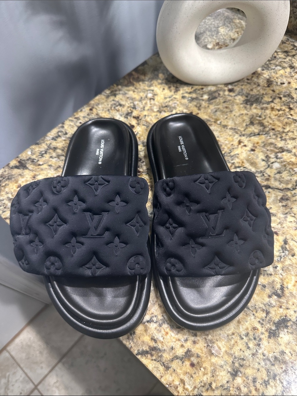Louis Vuitton Black Quilted Monogram Slide Mules SZ 37